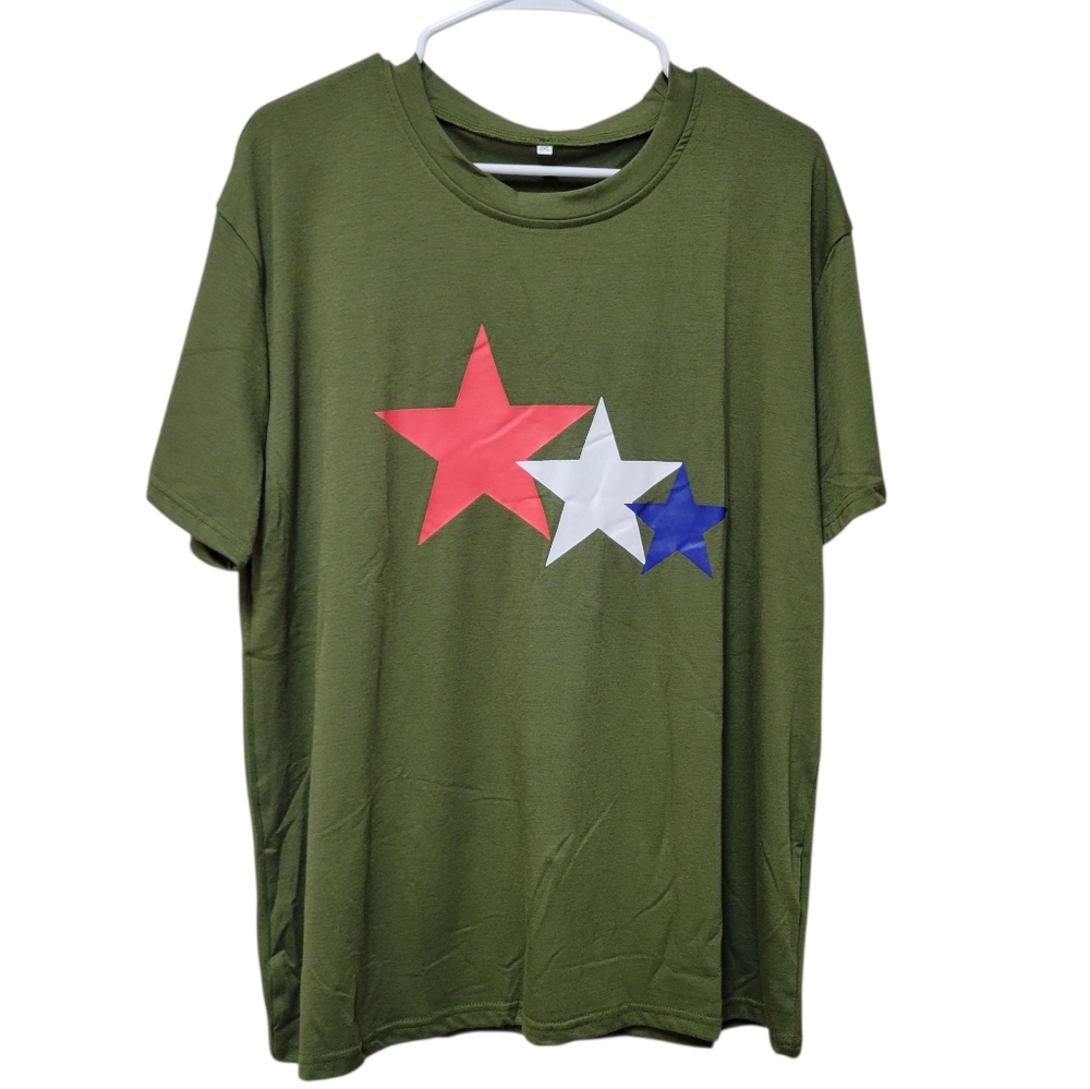 Green Patriotic With Red White And Blue Stars T-Shirt -NWOT